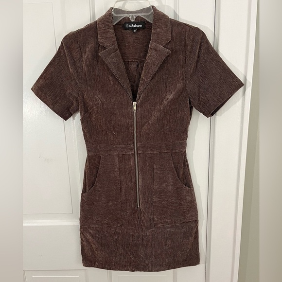 En Saison Route Mini Dress Zip Up Short Sleeve Brown Corduroy New Size XS - Picture 3 of 16